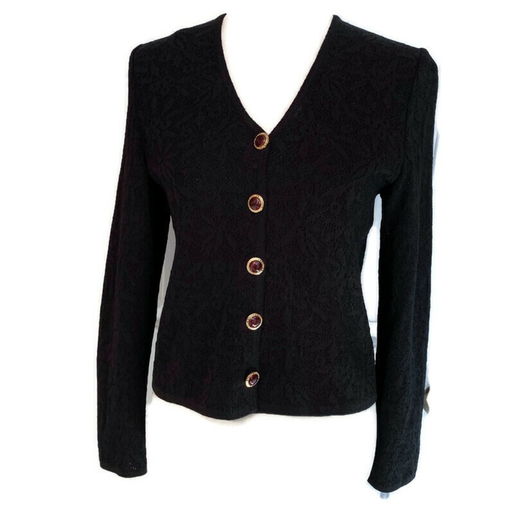 ST. JOHN SWEATER CARDIGAN BLACK V-NECK POINTELLE LONG SLEEVE BUTTONS Size 4